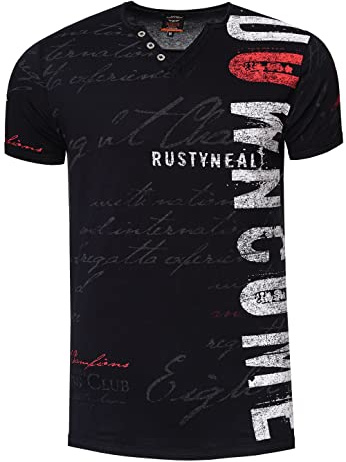 Herren T-Shirt Bedruckt mit Seitlichem Logo-Print V-Neck mit Knopfleiste M L XL XXL 271, Farbe:Schwarz, Größe S-XXL:M
