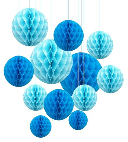 ZYOOO 12 Stück Seidenpapier Wabenbälle Deko Blau Party Dekoration Kit - 15,3 cm, 25,4 cm