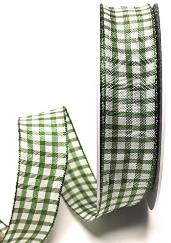 s.dekoda Schleifenband 20m x 25mm Grün - Weiß Karoband kariert Vichykaro Dekoband mit Draht [3850]