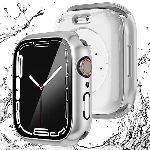 NewWays Confezione da 2 pellicole proteggi schermo impermeabili compatibili per Apple Watch 45 mm serie 8 7 con vetro temperato, iWatch custodia rigida protettiva completa per PC bumper - argento