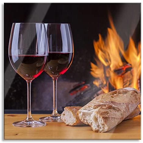 Pixxprint Glasbild, Wandbild auf Echtglas, Zwei Gläser Wein mit Baguette, 40x40 cm, inkl. Aufhängung und Abstandshalter