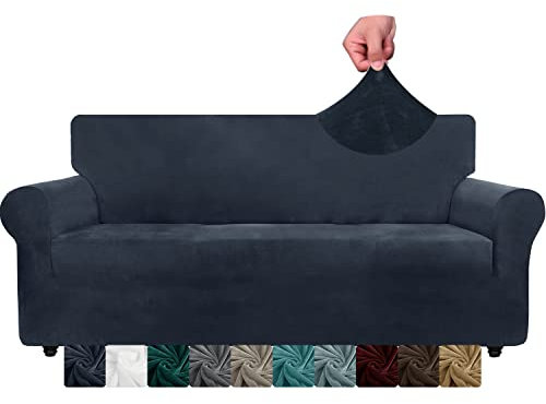 XINEAGE Samt Sofaüberzug 3 Sitzer, Stretch Sofa überzug für Wohnzimmer, Dicke Weiche Sofaüberwurf, Rutschfester Sofa Cover für Hunde, Haustiere (3 Sitzer, Dunkelblau)