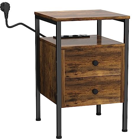 PIPIPOXER Beistelltisch mit Ladestation, Sofatisch mit 2 Schubladen und USB-Anschluss und Steckdose, Nachttisch für Kleine Räume, Stabil und Robust, für Wohnzimmer, Schlafzimmer, Dunkelbraun, Stil 3