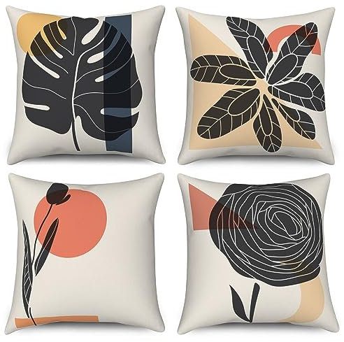 ASDCXZ Boho Kissenbezug 40x40 cm 4er Set, Modern Abstrakt Kunst Boho Blätter Blume Beige Dekokissen Kissenbezüge Kissenhülle Waschbar Polyester Flachs Textil Polster Kopfkissenbezug Kissen Bezug