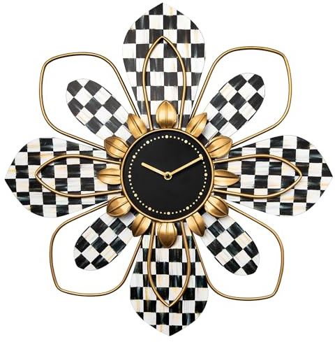 MACKENZIE-CHILDS Blooming Wall Clock, Rustic Flower Wall Clock for Living Room or Bedroom, Black-and-White Wall-Clock Decor