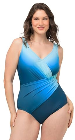 Ulla Popken Damen-Badeanzug, große Größen, V-Ausschnitt, weiche Cups, Farbverlauf, recyceltes Material, petrol 62 824243750-60, petrol
