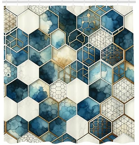 ABAKUHAUS Bleu Rideau de Douche, Motif De Nid d'abeille avec des Détails Aquarelle Et Géométriques, Material Resistente al Agua Durable Estampa Digital, 175 cm x 200 cm, Turquoise Foncé et Ivoire