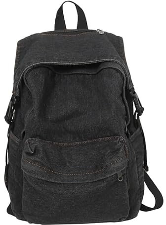 TYHOTULY Klassischer Retro-Denim-Rucksack, Y2K, ästhetische Umhängetasche, leicht, Tagesrucksack, lässiger Jeans-Rucksack für College, Schwarz