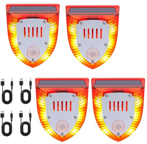 QXMH Solar Outdoor Motion Sensor Alarm-129db Dog Barking & Gunshot Sound USB Charge,Gunshot Sound Alarm Motion Detector Noise Maker Warning Lamp for Home Yard Barn (4 Pack)
