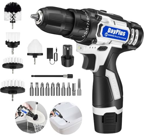 16.8V Electric Screwdriver Cordless Drill Brushes Attachment Set 17pcs,Power Cleaner Scrubber, for Patio Tile Bathroom Grout Brick Wall Cleaner Cleaning,2 Batteries