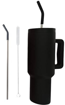 40oz Tumbler with Straw and Lid - Stainless Steel Vacuum Insulated Mug with Handle, Travel Coffee Mugs/Cups for Hot & Cold Drinks with Handle and Straw Insulated Water Bottle (Black)