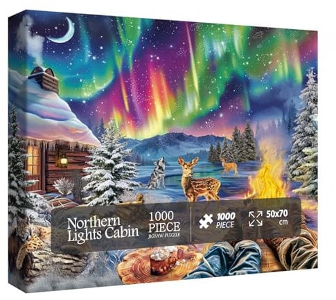 Magic Northern Lights Puzzles for Adults 1000 Pieces, Animal Nature Cat Deer Landscape Jigsaw Puzzles, Colorful Cabin Mountain Lake Bird Pretty Winter Puzzle