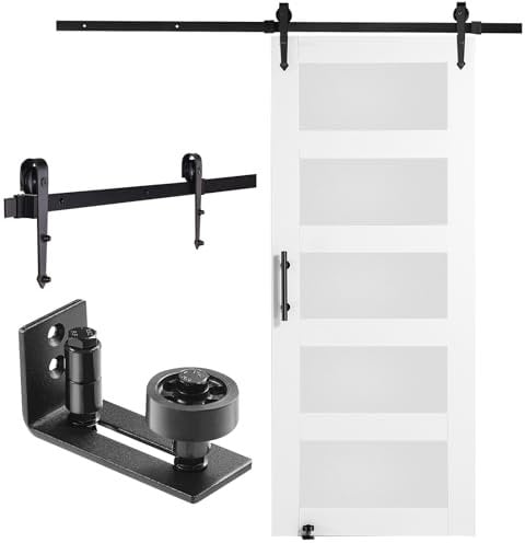 VEVOR Kit de Herrajes y Puerta de Granero Puerta Corrediza de Vidrio de 813 x 2134 mm Puerta de Granero con Guía de Piso 8 en 1, Manija de Puerta, Paneles de Madera de Abeto y Vidrio Esmerilado