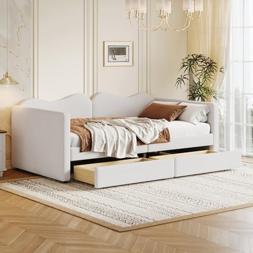 Ctastay Schlafsofa Polsterbett 90x200 cm, Bett Sofabett Tagesbett mit 2 Stauraum Schubladen, Einzelbett Gästebett Jugendbett mit Lattenrost, Weiß (Ohne Matratze)