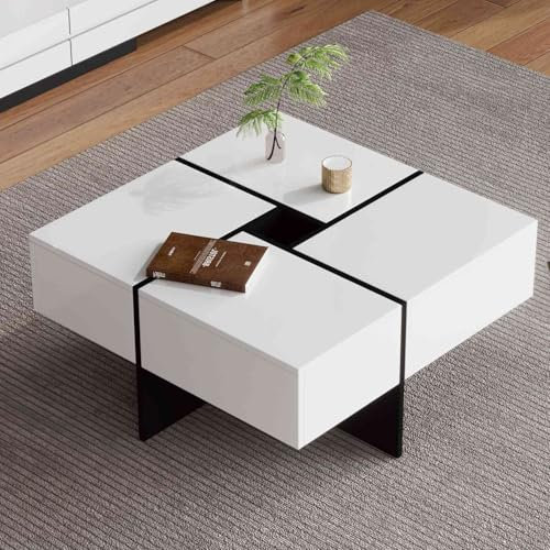 KOMHTOM Table Basse Carrée Blanche, Table Basse Coffre Moderne avec 4 Tiroirs, Meuble de Salon (B, Blanc)