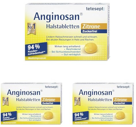 tetesept Anginosan Halstabletten Zitrone - zuckerfrei – Halsschmerztabletten gegen akute Reizungen in Hals & Rachen – 1 x 20 Stück (Packung mit 3)