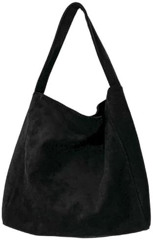 Damen Wildleder Schultertasche Handtasche Groß Umhängetasche, Casual Cord Henkeltasche Beuteltasche Tragetasche, Multifunktionale Suede Shopper Tote Bag Für Arbeit Schul Einkaufen Reisen (Schwarz)