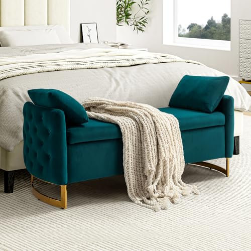 HULALA HOME Storage Ottoman Bench with 2 Pillows and Metal Legs Upholstered Bedroom Benches for End of Bed Padded Footstool for Hallway Entryway Living Room, Teal