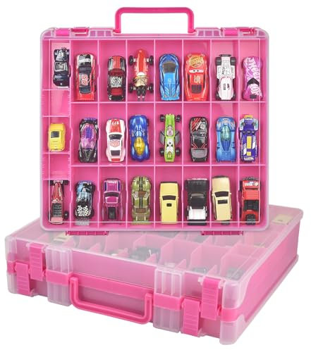 Xuerdon Spielzeugauto Aufbewahrungskoffer für Matchbox Cars. Holder Behälter Tasche für LOL Überraschungspuppen/für Shopkins mit 48 Fächern Doppelseitig-Rosa (nur Box)
