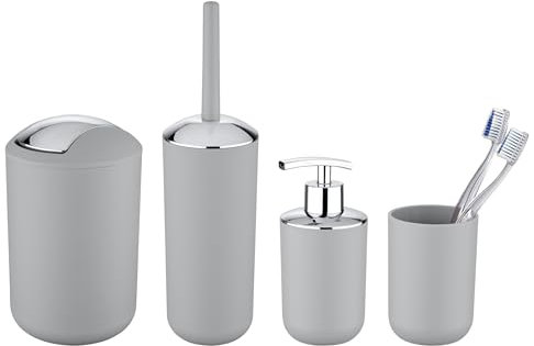 WENKO Bad-Accessoire Set Mod. Brasil, 4-teilig, Zahnputzbecher, Seifenspender, WC-Garnitur & Schwingdeckeleimer, für eine einheitliche Badausstattung, bruchsicherer Spezialkunststoff, Grau