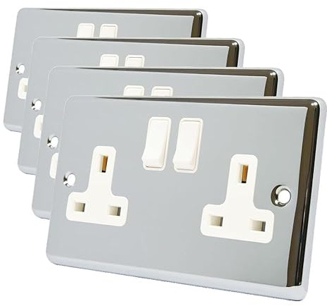 AET CPC2GSOCWH Polished Chrome Classical 2 Gang White Insert Plastic Rocker Switches-13 Amp Double Plug Socket, Pack of 4