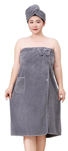 Moonlove Women Plus Size Wrap Towel & Hair Drying Cap Set Wearable Spa Shower Bathrobe Strapless Cover Up Bathing Robe Water Absorbent Body Towel Dressing Gown Suitable for 175-240lb