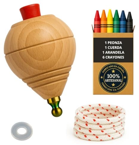 Kreisel aus Holz für Kinder, Paket 1 Trompo + 6 Wachsbuntstifte + 1 Unterlegscheibe