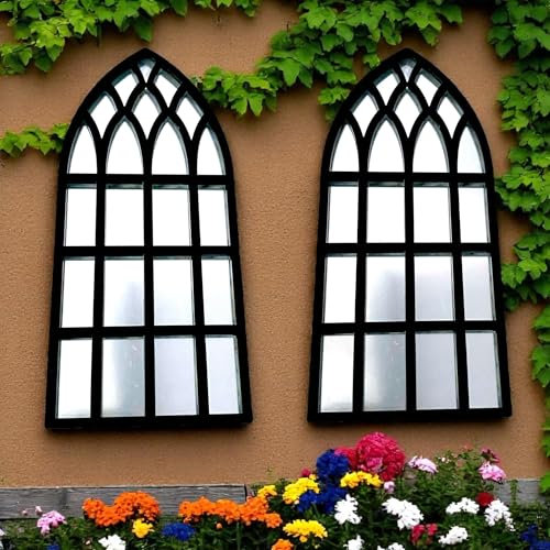 Super Cool Creations Pair of Gothic Cathedral Window Mirror, Black Frame, Garden Decor, Arched Design, 58cm x 26cm x Two