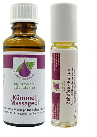 Die Aromaölmanufaktur Zahnfee Roll on 10ml & Kümmel Massageöl 30ml, Aromaöl Doppelpack mit wohltuendem Zahnungsöl & Babyöl, 100% natürliche ätherische Öle