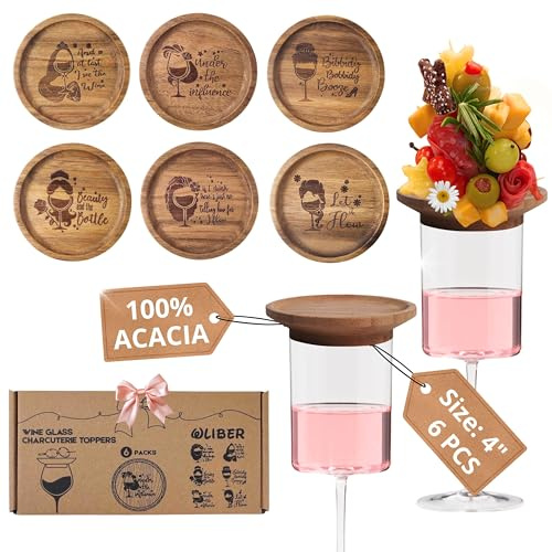 Princess Drink Charcuterie Wine Glass Topper, Wooden Wine Glass Topper Appetizer Plates, Mini Charcuterie Boards, Charcuterie Accessories (6 Pcs)