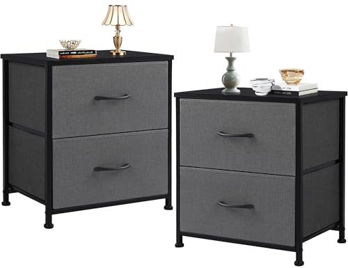 DUMOS Nachttisch 2er Set Beistelltisch Stoff Schubladenschrank Schmal Schrank Kommode Schlafzimmer Industrial Stil für Wohnzimme Kinderzimmer Flur Aufbewahrungsschrank