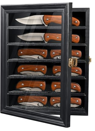 DecoWoodo Messer-Vitrine mit HD-Hartglas und abnehmbaren Regalen, wandmontierbare Holz-Messer-Schattenbox für Sammlungen, 27,7 cm B x 34,8 cm H x 5,3 cm D, Schwarz