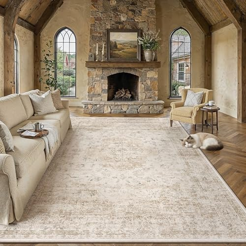 PureCozy Vintage Teppich Wohnzimmer 200x300cm Beige Schlafzimmer Wohnzimmerteppich Waschbarer Groß Carpet Weich rutschfest Teppiche Esszimmer Büro Kurzflor Tepich