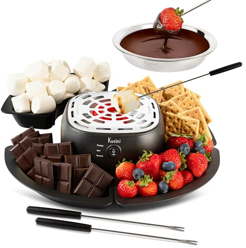 Kusini 2 in 1 Electric Fondue Set & Smores Maker Tabletop Indoor Kit with Removable Trays & 4 Skewers – Smores Station Chocolate Melting Pot - Unique Couple Gift Set Idea, Date & Movie Night Supplies
