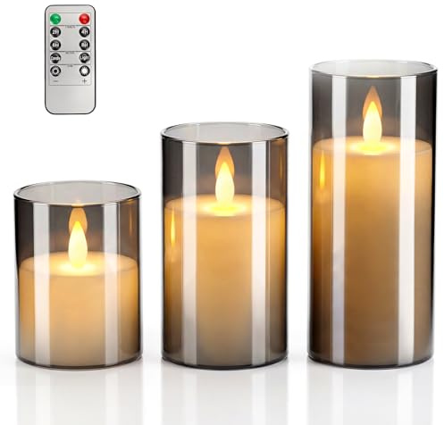 Rayong LED Kerzen mit timerfunktion 3 PCS Outdoor Flackernde Flammenlose Kerzen,kerzen elektrisch bewegliche flamme,Batteriebetriebene Kerzen für Camping,Hochzeiten,Home Deco,Partys (Grau)