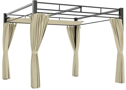 Outsunny Pergola de Jardin 3x3m avec Toit Rétractable - Tonnelle de Jardin Extérieur Acier Renforcé avec 4 Rideaux - Pavillon Colonnes 60mm et Protection UV30+ pour Terrasse et Cour, Beige