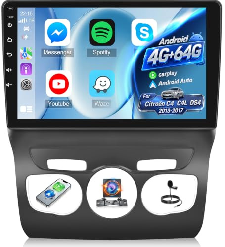 4G+64G Autoradio pour Citroen C4 C4L DS4 2013-2017 | Écran Tactile IPS 9 Pouces avec Carplay & Android Auto Sans Fil,GPS, WiFi, 32EQ, Bluetooth 5.0, Radio FM/RDS