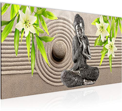 Runa Art Wandbild Buddha Feng Shui 1 Teilig 100 x 40 cm Modern Bild auf Vlies Leinwand Lilien Wohnzimmer Schlafzimmer Beige Grün 505512b