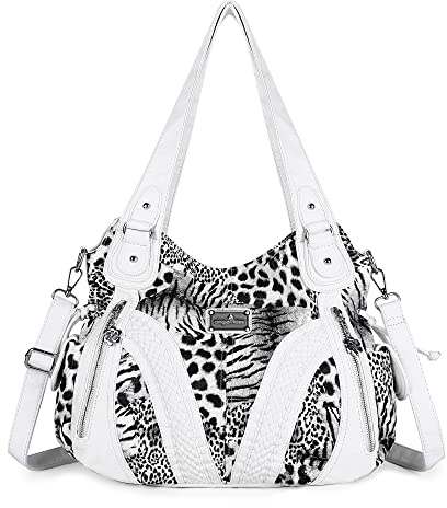 Angel Kiss Damen angelkiss top Griff ranzen handtaschen umhängetasche Messenger Tote aus gewaschenem Leder-Geldbeutel-Beutel 13.8 * 4.7 * 11.8 inches Weiß Leopard