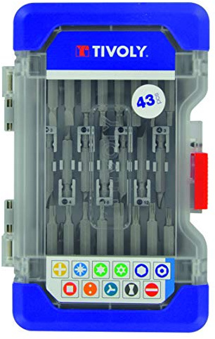 Tivoly - Coffret 43 Pièces Embouts de Vissage Longs - Empreintes pour la Plupart des Vis - Embouts Visseuse Long avec Coffret Ranger Box Antichoc, Couvercle Transparent et Sûreté Antivol