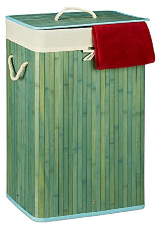 Relaxdays, blau Wäschekorb Bambus, mit Deckel, rechteckig, XL, 83 L, faltbarer Wäschesammler, HBT: 65,5 x 43,5 x 33,5 cm