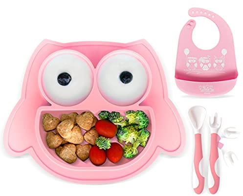 brunoko Assiette ventouse pour bébé - Set de vaisselle pour bébé (assiette rose + bavoir + cuillère) - Vaisselle sûre pour lave-vaisselle et micro-ondes - Assiette pratique et fonctionnelle.