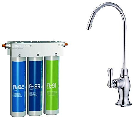 Puricom FT-LINE 3. Sistema de filtro de agua de carbón activo con filtro UF con grifo desechable Oslo Cromo, incluye kit de conexiones