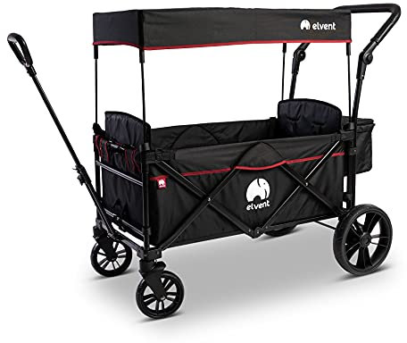 elvent® SmartCruiser City Bollerwagen - Handwagen faltbar mit Dach I Sitzpolster, Hecktasche, Feststellbremse, PU-Reifen, 5-Punkt-Gurt I für 2 Kinder | Teleskop-Zugstange (Schwarz)