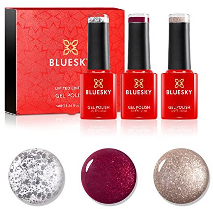Bluesky Gel Nail Polish Christmas Set, Glitter Gel Polish - Heart Queen, Golden Star, Silver Flakes, Silver, Red, Gold, 3 x 5 ml Gel Polish Set (Requires Drying Under UV LED Lamp)