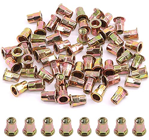 Glarks 60Pcs M6 Half Hex Body Flange Rivet Nuts Zinc Plated Carbon Steel Flat Head Threaded Insert Nut Rivnut Set (M6)