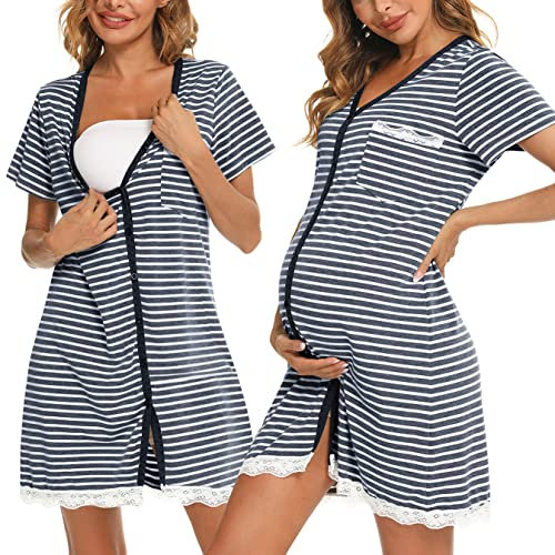 Uniexcosm Chemise Nuit Allaitement Maternité Coton Robe de Nuit Femme Enceinte Col en V Manches Courtes Devant Ouvert Chemise de Nuit Femme Grossesse A-Rayures Bleu Marine M