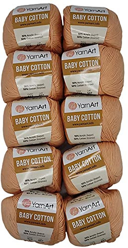 10 x 50g Strickwolle YarnArt Baby Cotton mit 50% Baumwolle, 500 Gramm Wolle einfarbig (apricot 412)