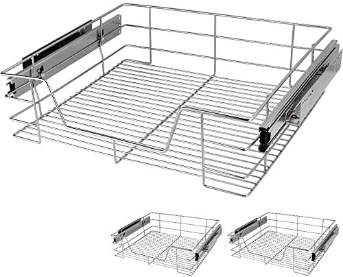 CASARIA® 3x Pull Out Telescopic Kitchen Drawer | For 60cm Units - 56cm Internal Cabinet Dimensions | Chrome-Plated | 25kg Load Capacity | Basket Shelf Organiser Storage Space Saving