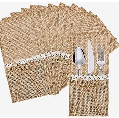 CLDURHGE Porte-ustensiles en Toile de Jute en Dentelle, Porte-Couvert en Toile Jute et Dentelle, Vintage, Décoration de Table Pour Mariage, Anniversaire(10 Pièces, Dimension : 11 x 21cm)